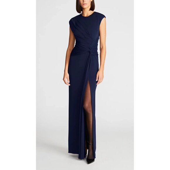 Halston Giovanna Gown In Matte Jersey Navy Maxi Dress Women Size 6 A001291 - Picture 1 of 11